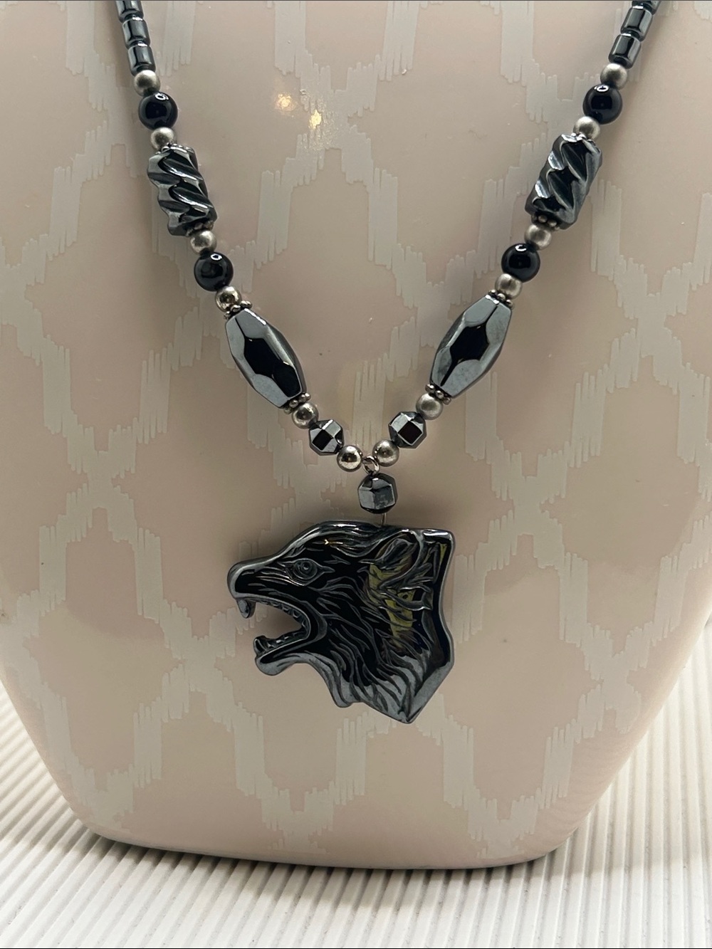 Black Hematite Wolf Head Pendant Necklace - Women Jewelry